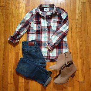 Fall Flannel Ivory with Navy, Aqua and Red Plaid